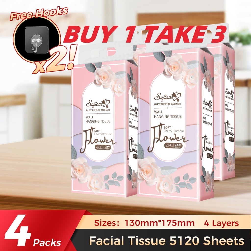 【BUY 1 TAKE 3】 4 Packs 5120 sheets 4Ply Facial Tissue Wall Hanging ...