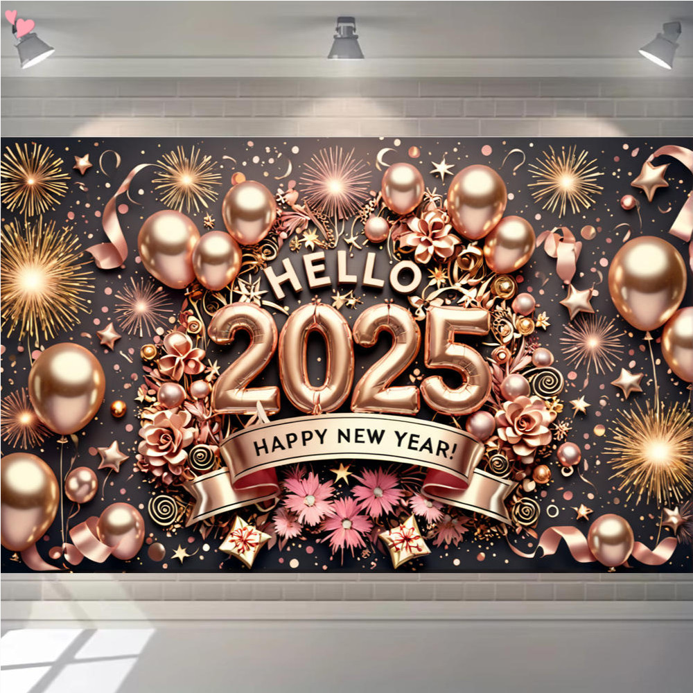 Happy New Year Banner 2025 Black Rose Gold Happy New Year Sign Backdrop ...