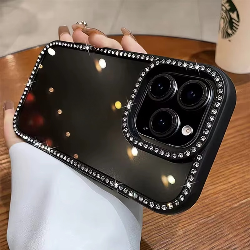 Luxury Glitter Diamond Frame Transparent Phone Case For iPhone 17 16 15 14  11 12 13 Pro Max 14 15 16 Plus Bling Rhinestone Shoockproof Back Cover