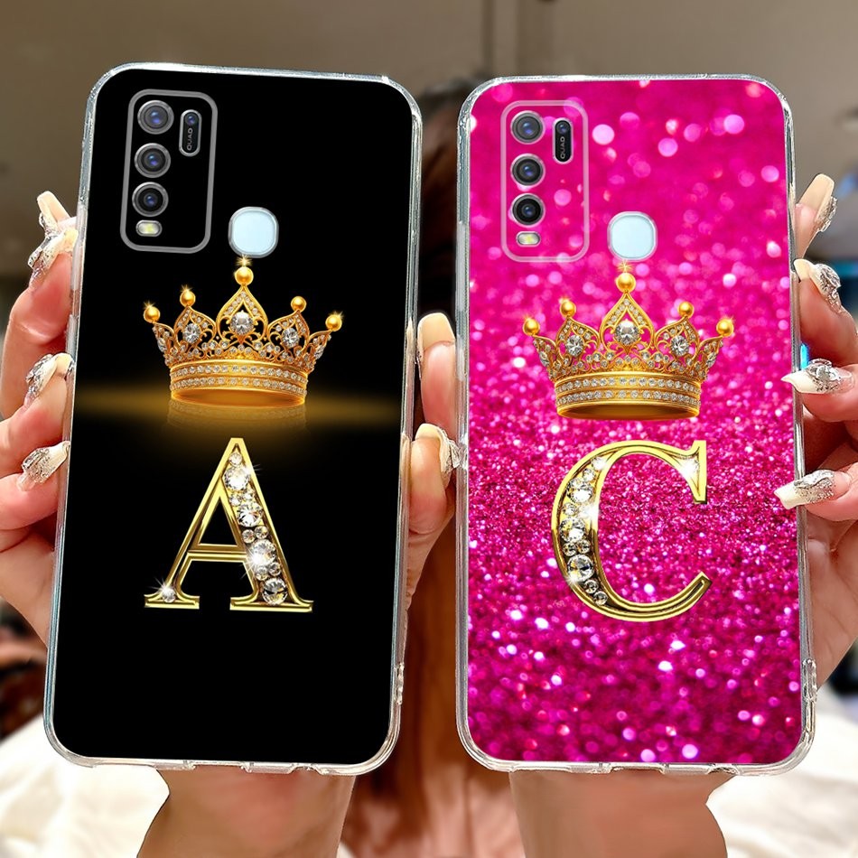 For Vivo Y50 Y30 Y30i 1938 1935 Fashion Crown Initial Letter Couple Phone  Case VivoY30 Y 30i Y50 Soft Silicone TPU Cases
