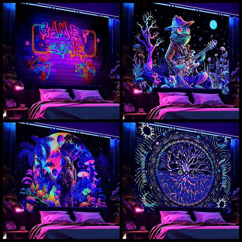 Blacklight Tapestry UV Reactive Neon Galaxy Black Light Tapestry Jungle ...
