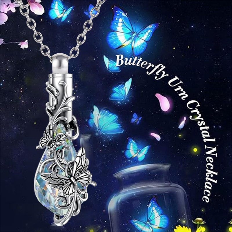 Animal Crystal Urn Necklace For Ashes Sterling Silver Butterfly Dragonfly Bee Phoenix Peacock Hummingbird Fox Angel Wing Pentagram Pentacle Cremation