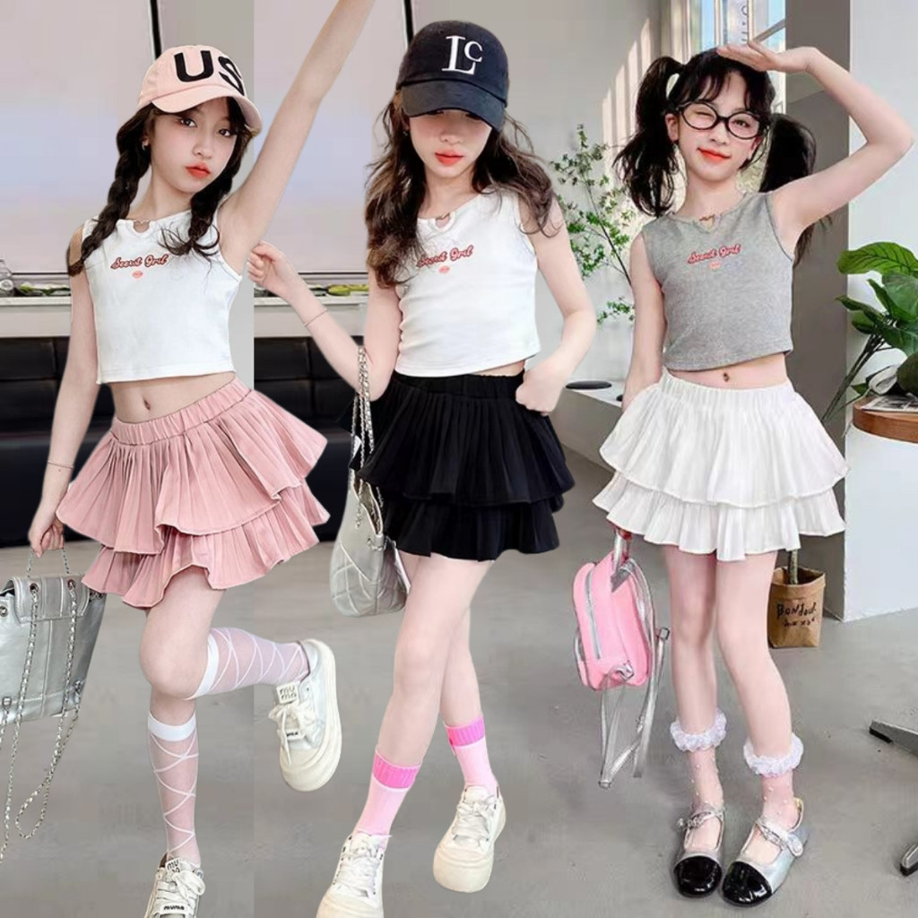 Set New Style Cake Layer Pleated Skirt For Kids Girls Korean Style ...