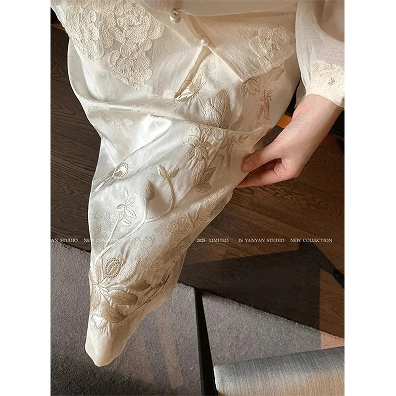TAVIMART  -  Vintage Floral Midi Skirt Women Japanese Harajuku Embroidery Skirts Summer Korean High Waist Loose Casual Design A Line Faldas