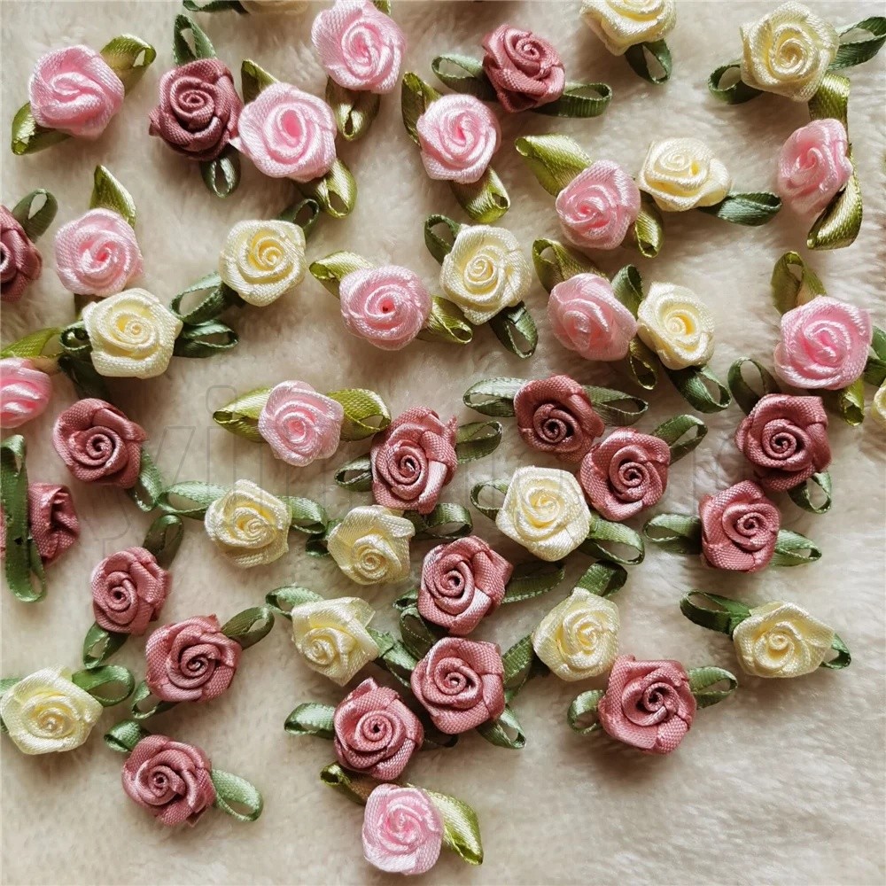 100PCS/Lot Mini Handmade Rose Flower Satin Ribbon Rosettes Fabric ...