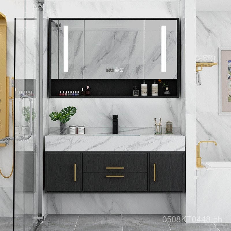 Sintered Stone Marble Bathroom Cabinet Integrated Light Luxury Wash ...
