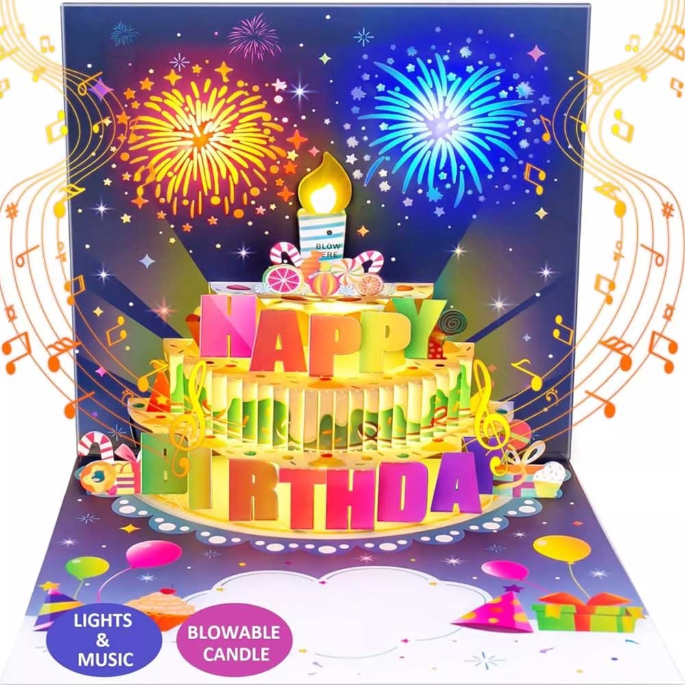 3D Pop-Up Birthday Card with Music Fireworks Lights Blowable Candle ...