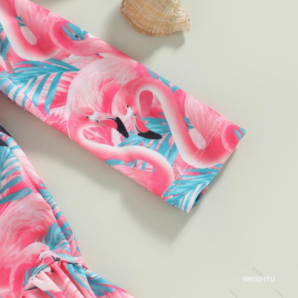 Kids Girls Rash Guard Swimsuit Romper Flamingo/Flower Print Zipper Long ...
