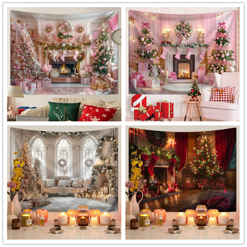 Pink Christmas Photography Backdrop Xmas Tree Fireplace Gifts Box ...