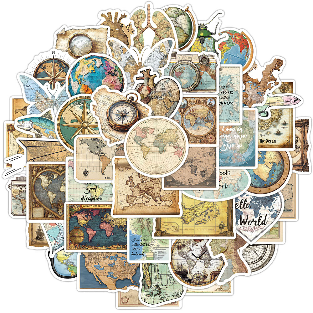 [Large Sticker]50pcs Vintage World Map Travel Stickers Graffiti Camping ...