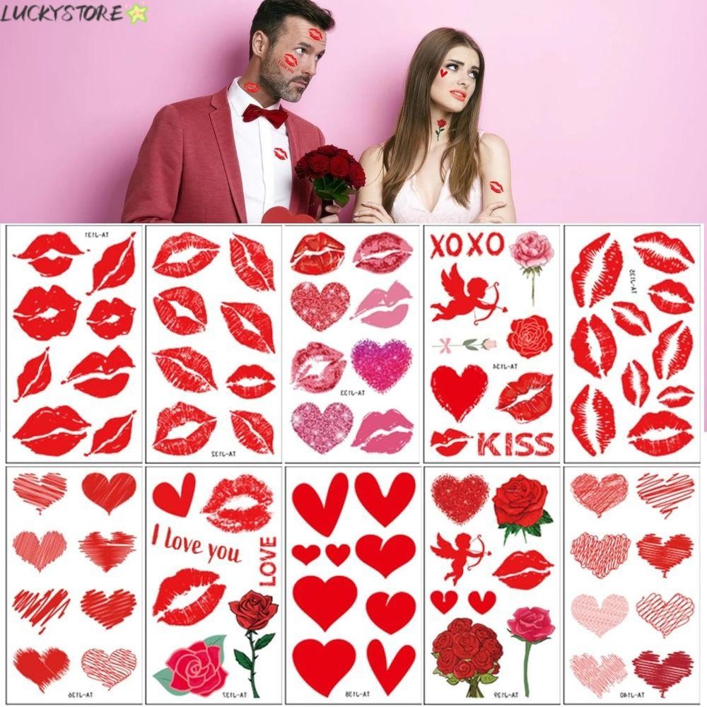 LUCKY 10PCS Temporary Tattoo Stickers, Waterproof Lips Kiss Heart Fake ...