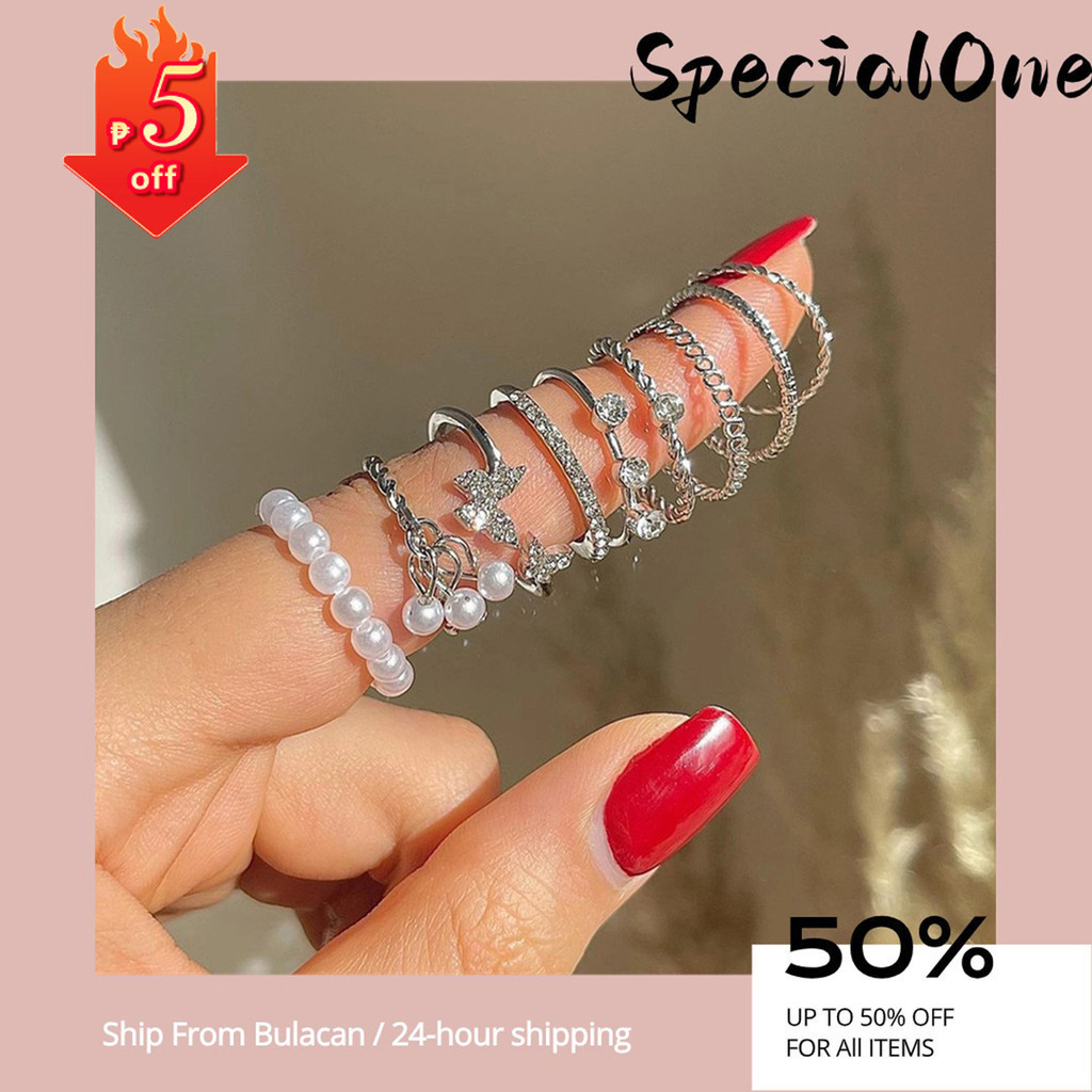 9Pcs/set Butterfly Rhinestone Rings Set Pearl Finger Rings | Shopee ...