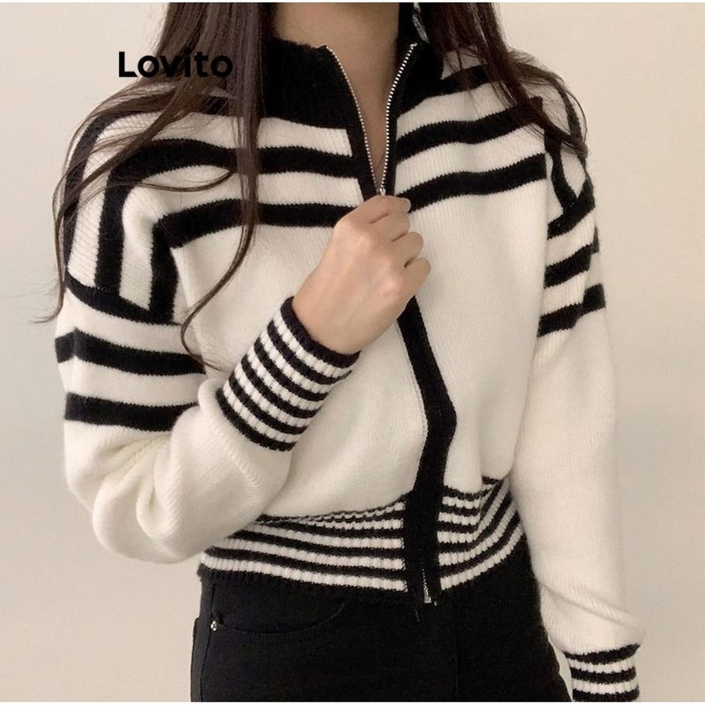 Colorblock V-neck Zipper Women's Casual Sweater