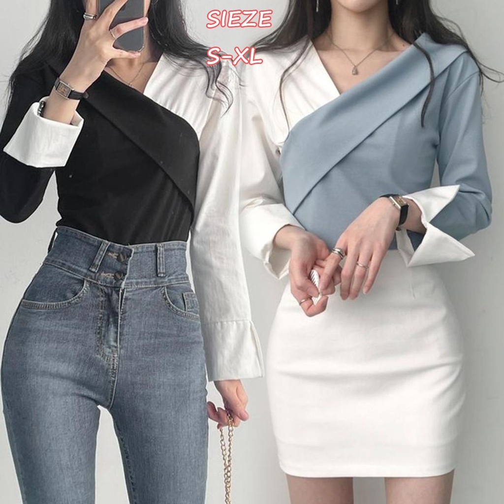 French V-Neck Blouse & A-Line Skirt