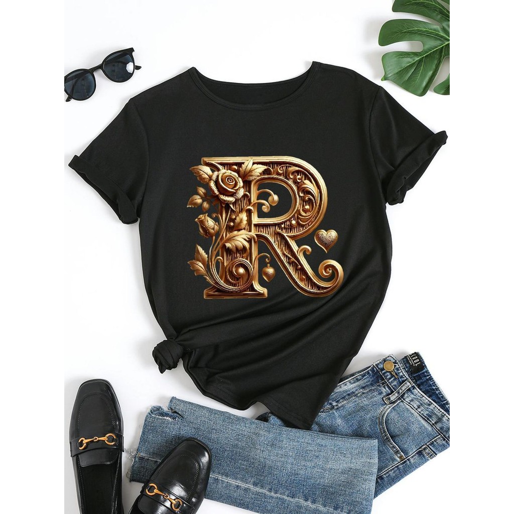 Women's Retro Chic Letter-R Graphic T-Shirt - Black & Golden Geometric ...