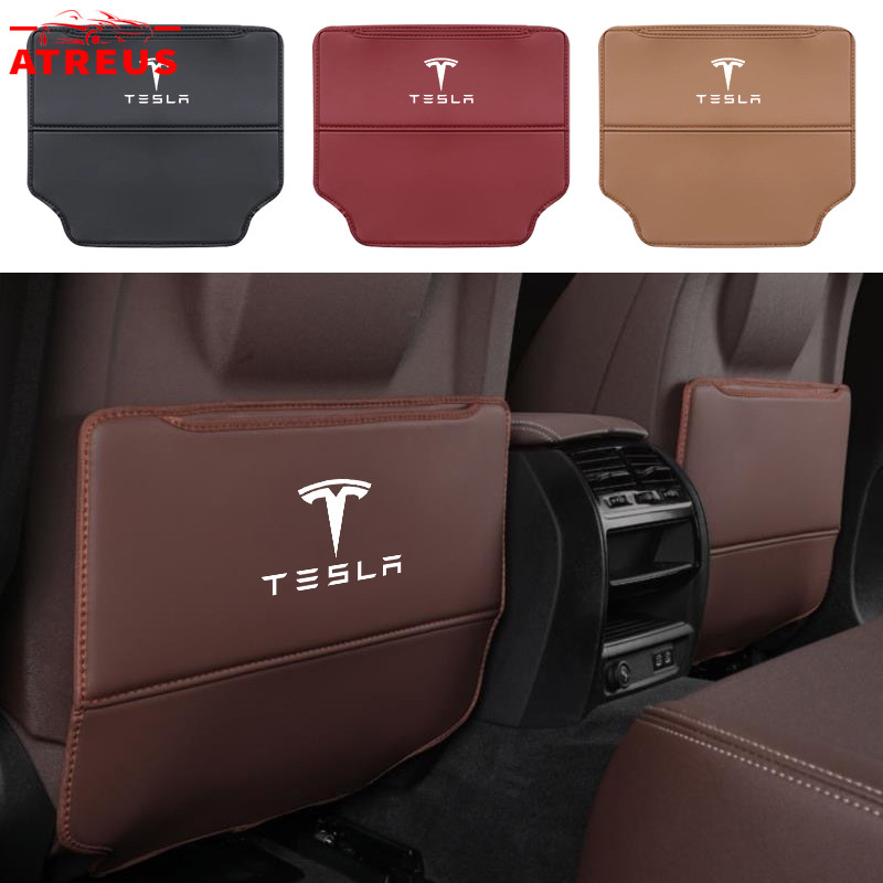 1Pc Tesla Leather Car Seat back Anti Kick Pad Protector Cover Storage