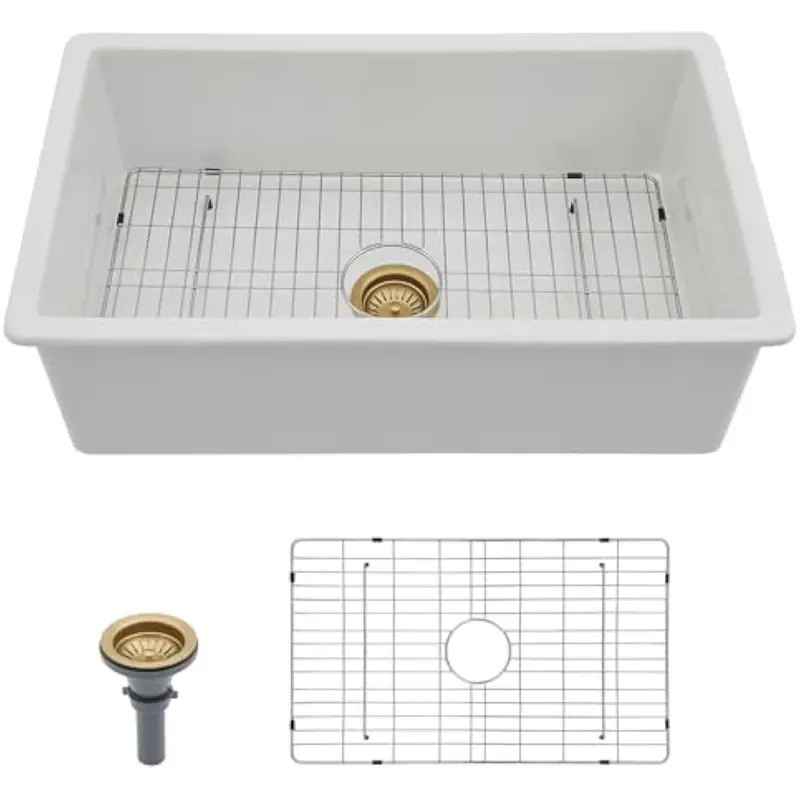27 Inch White Undermount Kitchen Sink - Fireclay Single Bowl Deep Basin (27"x19"x10") - View #2