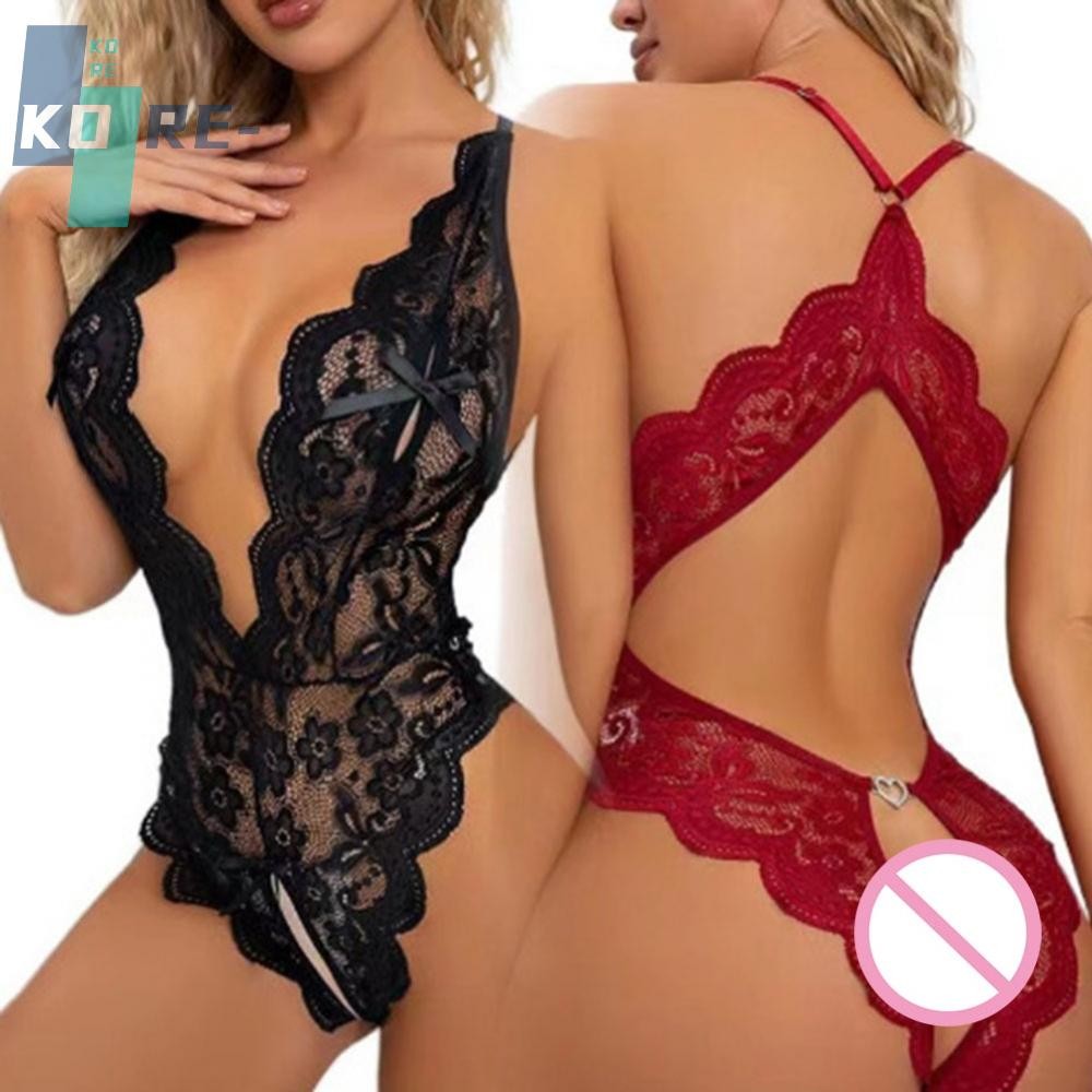 Sexy Lace Sheer Mesh Floral Colorblock Open-crotch Bodysuit