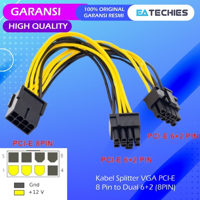VGA PCI-E Splitter Cable 8 Pin Female to Dual 6+2 Pin Male / 8Pin to ...