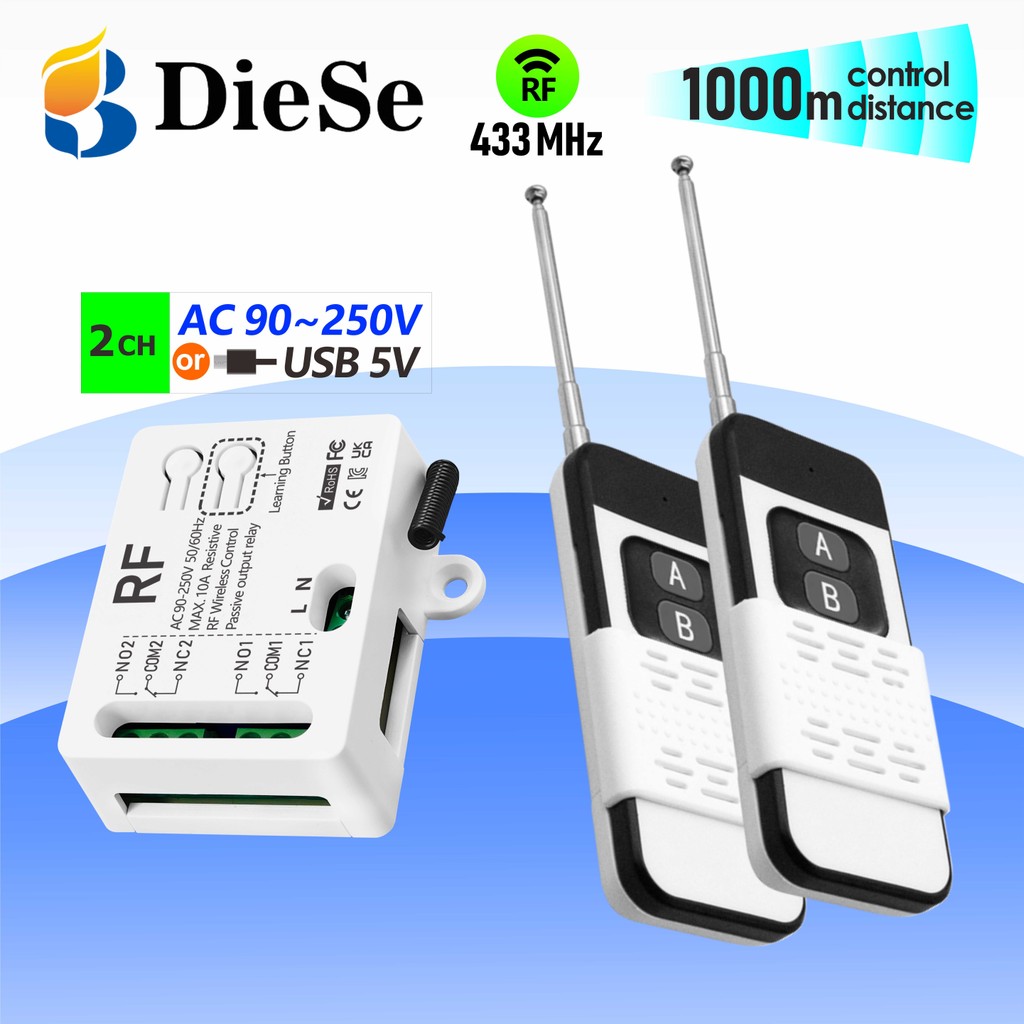 1000M long distance 433MHZ wireless remote control switch 2 Channels AC ...
