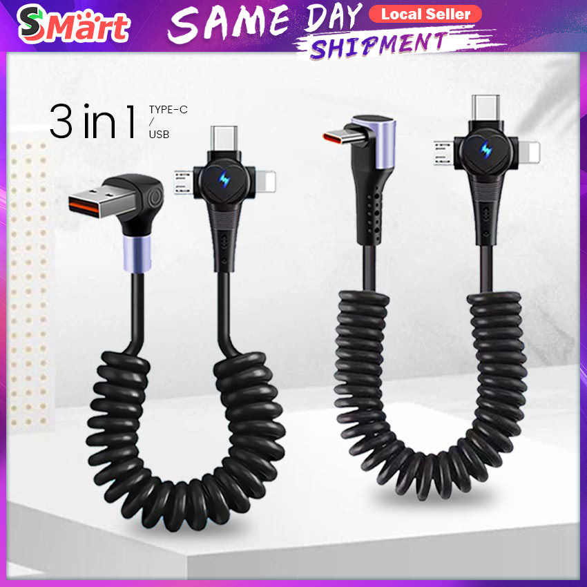 3 in 1 66W 6A Fast Charging USB Type C Spring Charger Cable 20cm-1m ...