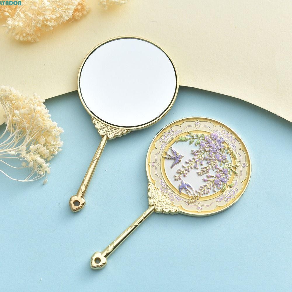 LYNDON Chinese-style Handheld Mirror, Emboss Flower Pattern Cosmetic ...