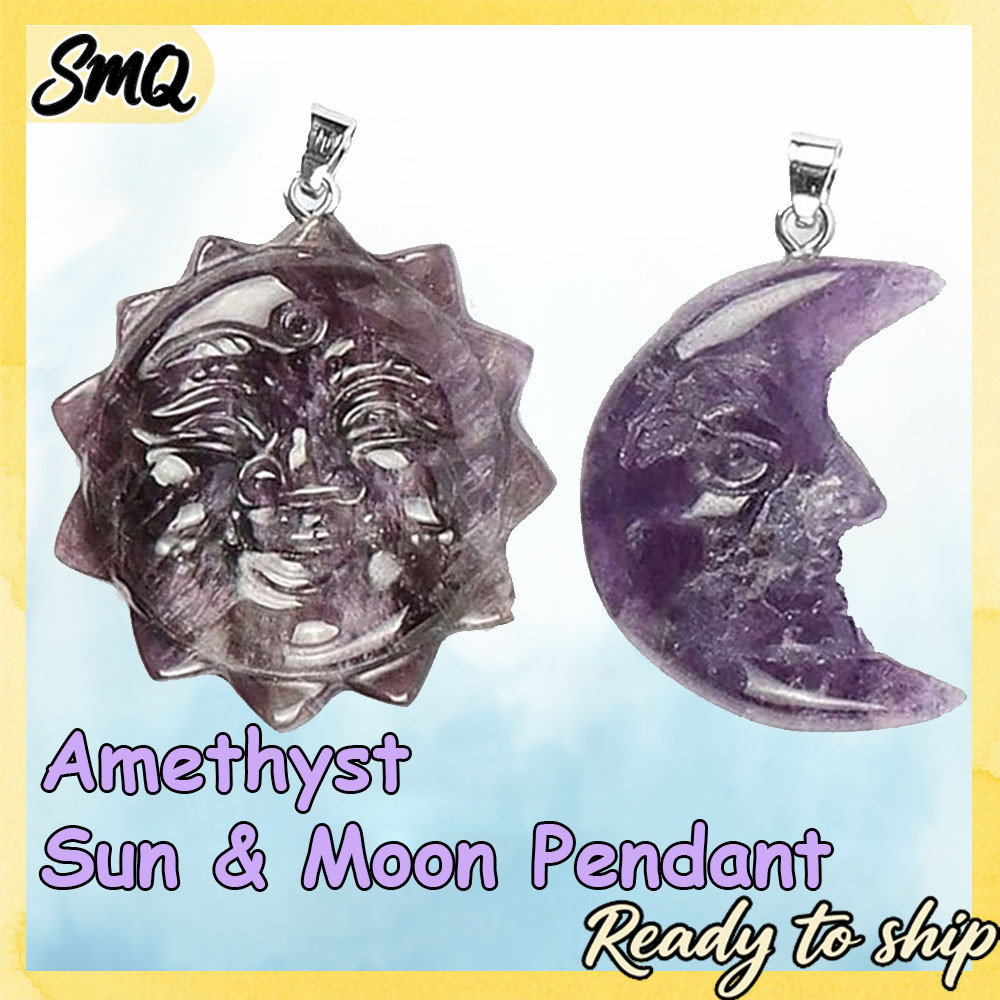 Smile Face Sun Moon Pendant Hand-Carved Stone Statue Natural Amethyst ...