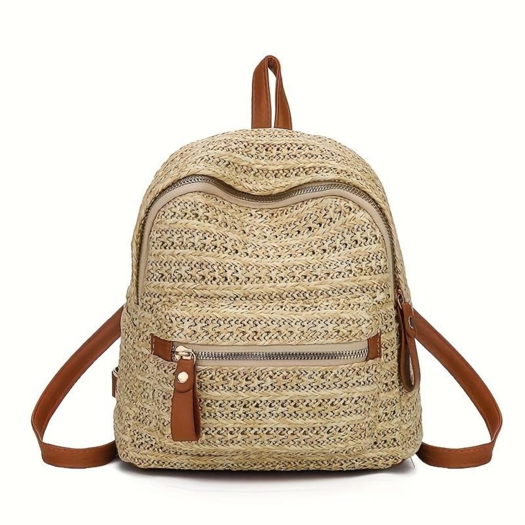 UISN#B6605 Chic Khaki Straw Backpack for Women - Fashionable Linen ...