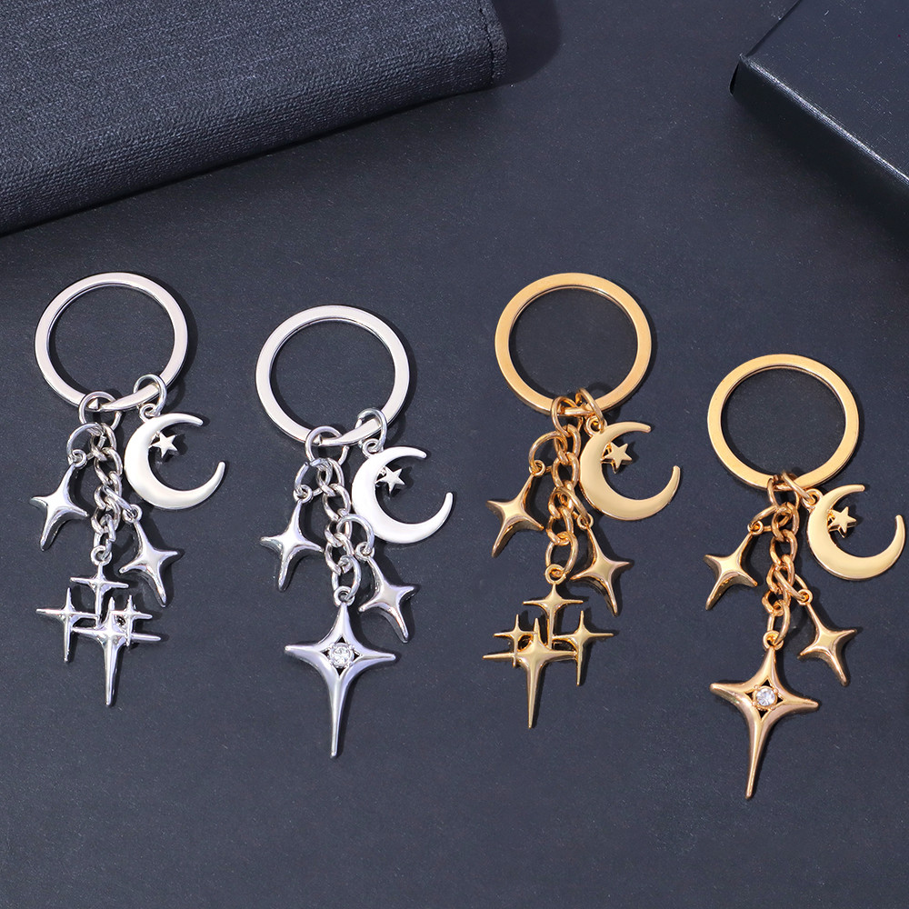 Solid Color Moon Star Pendants Key Ring Fashion Rhinestone Star Key ...