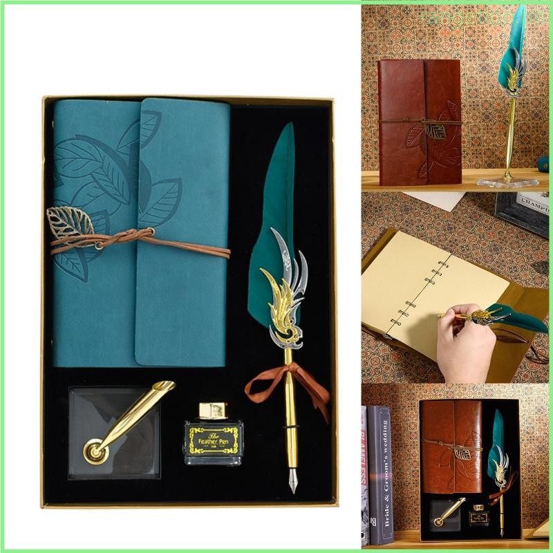 RAN Retro Calligraphy Feather Dip Fountain Pen Writing Ink Notebook Set ...