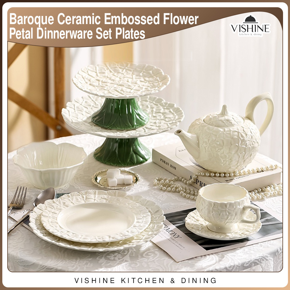 Baroque Ceramic Embossed Flower Petal Dinnerware Set Plates Bowls Tea ...