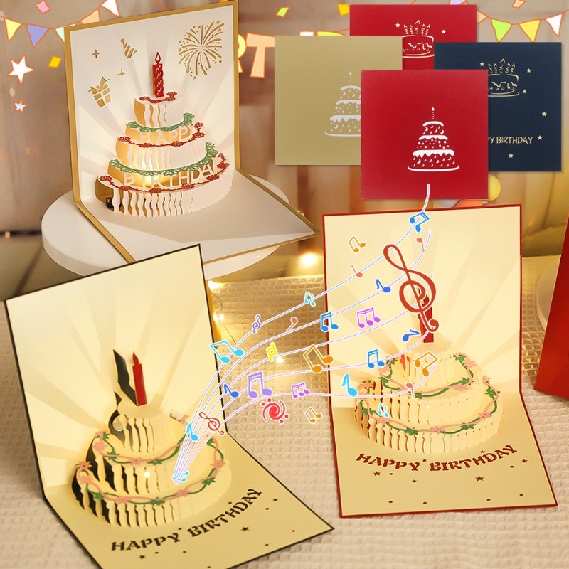 Interactive 3D Music Greeting Card - Birthday Cake Pop Up with Lighting ...