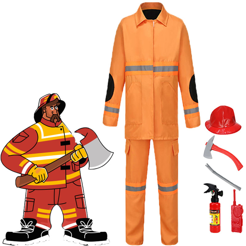 Fireman Cosplay Costume For Kids Boy Orange Suit Hat Accessories