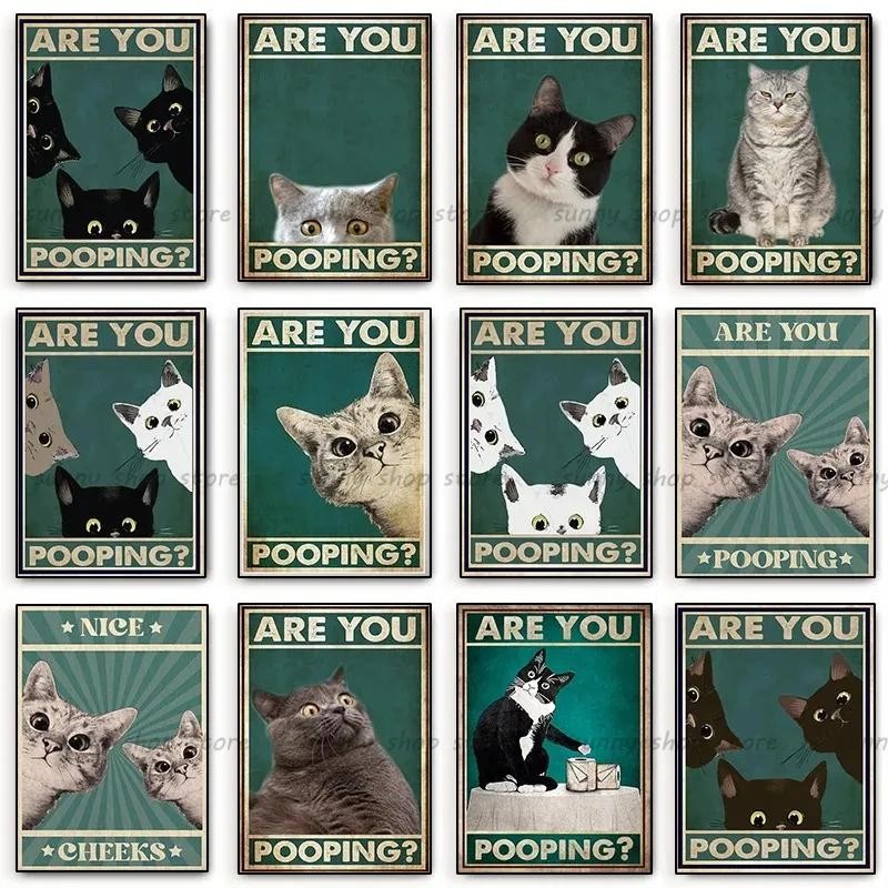 Funny Bathroom Sign Canvas Prints Are You Pooping Cute Cat Quote Art ...