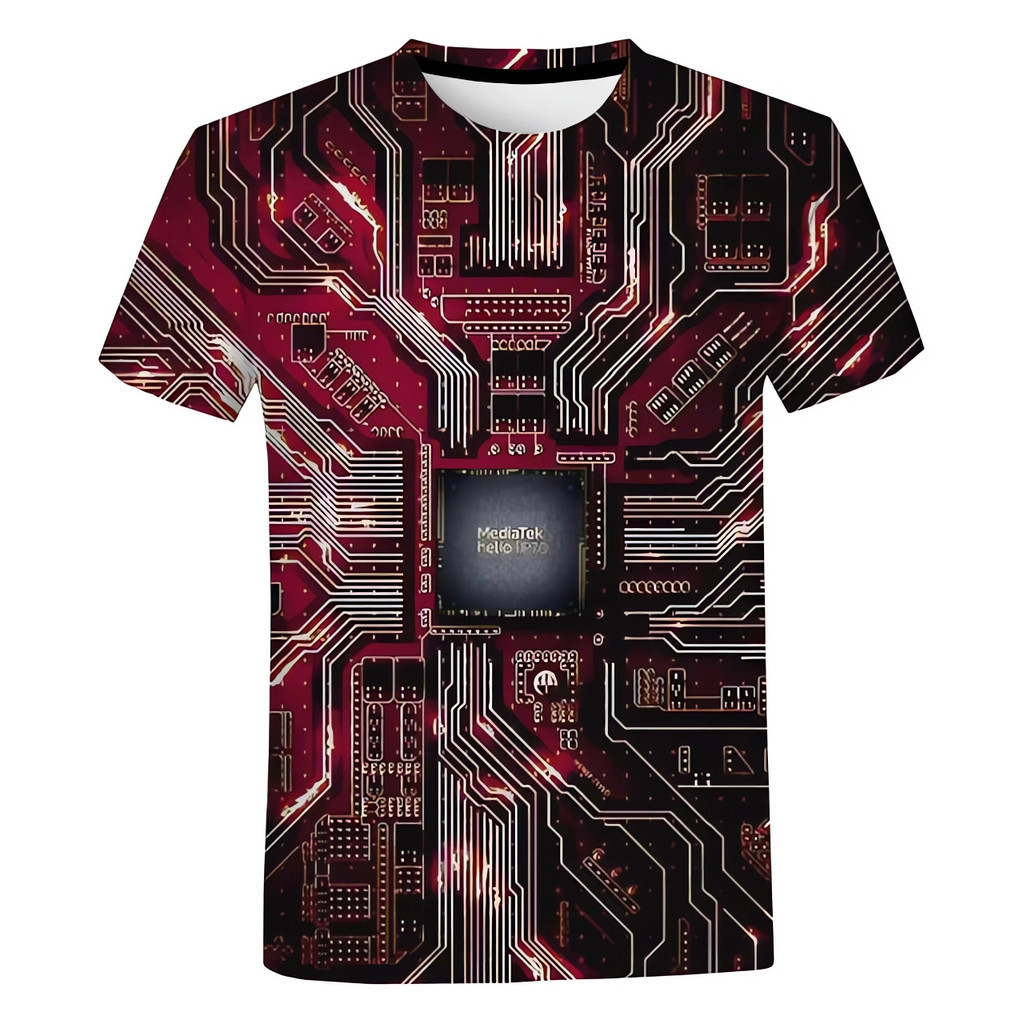 Stylish Red and Black Circuit Board Print T - Shirt with MediaTek Chip ...
