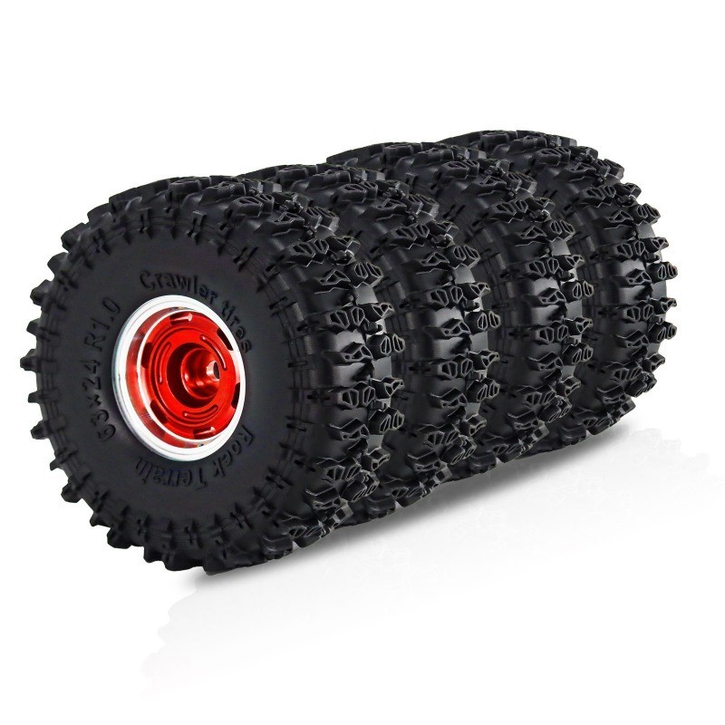 4-Piece RC Car Tire Set For SCX24 1/24 Scale - Aluminum Wheels With Rubber Tires (Red)