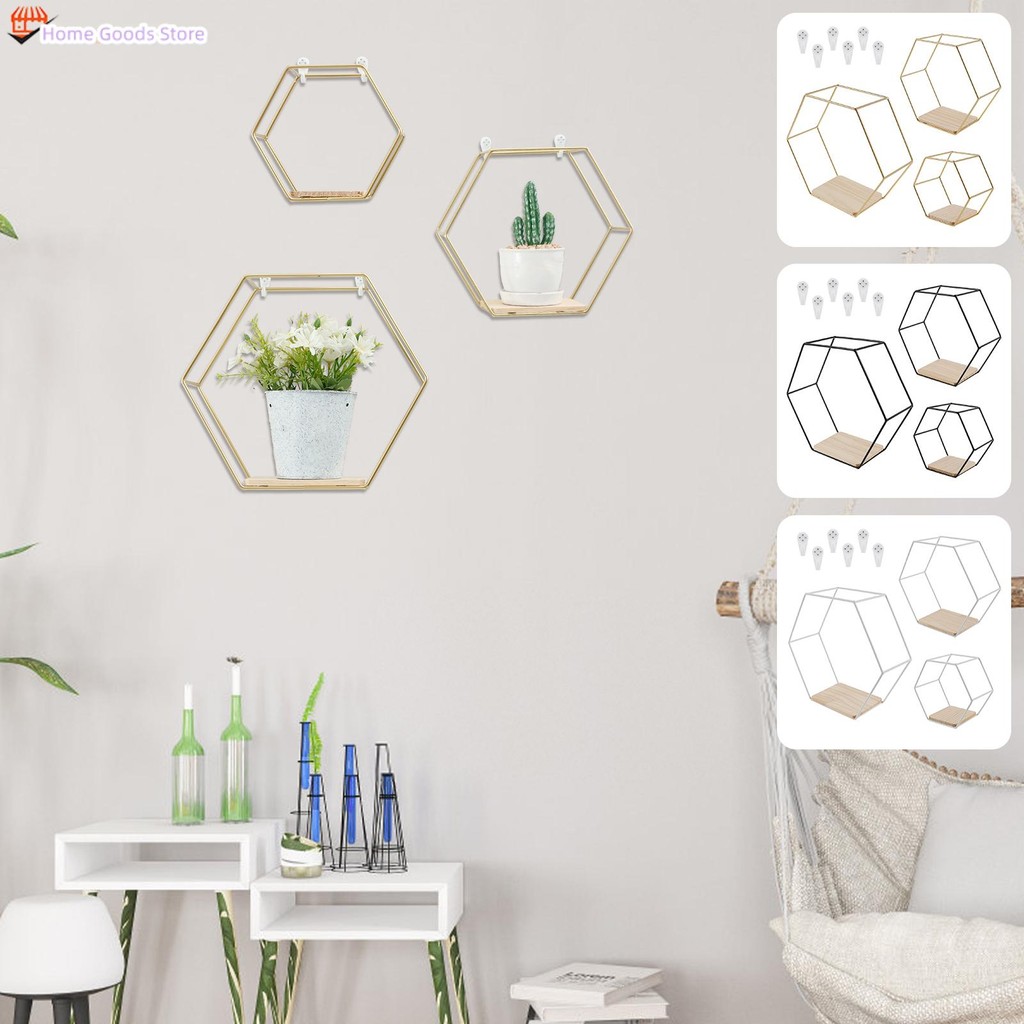 3Pcs Wall Mounted Storage Shelves Hexagon Shape Wall Floating Shelves ...