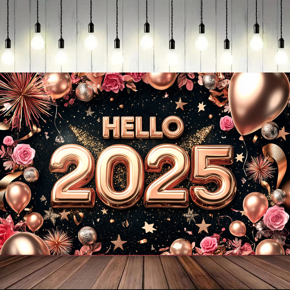 Happy New Year Banner 2025 Black Rose Gold Happy New Year Sign Backdrop ...