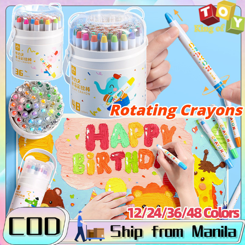 Rotating Crayons Set with Storage Bucket Non-toxic Washable Drawing ...