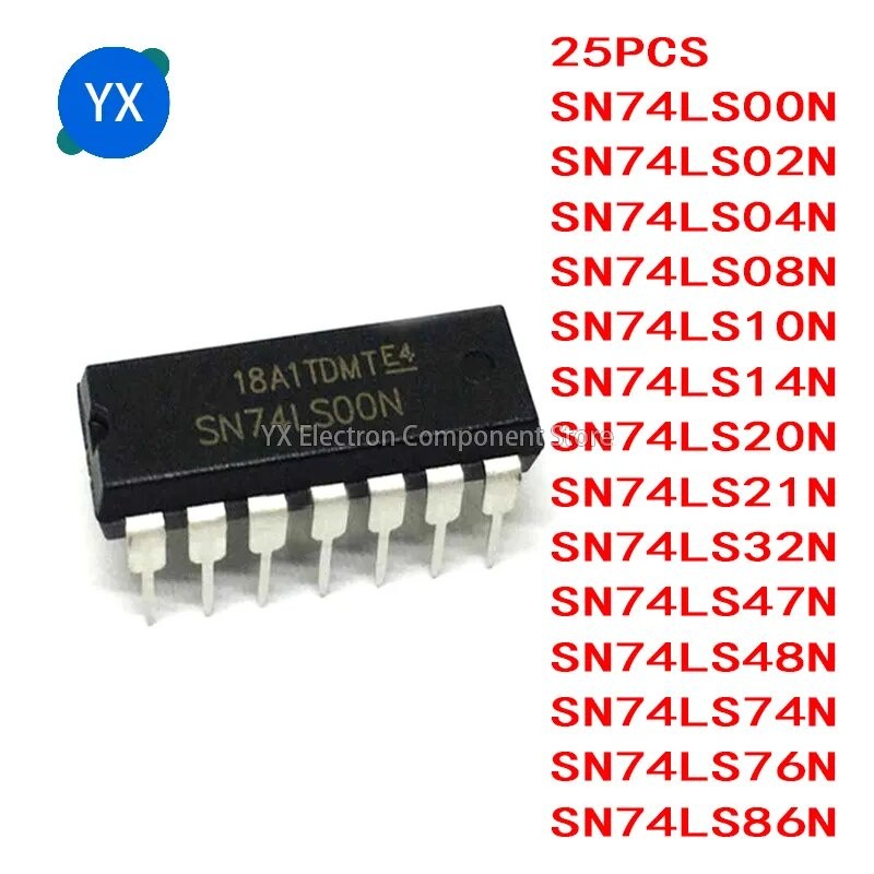 Kit De 50 Chips IC 74LS Series - 5 Valores (74LS00, 02, 04, 08, 32), DIP-14