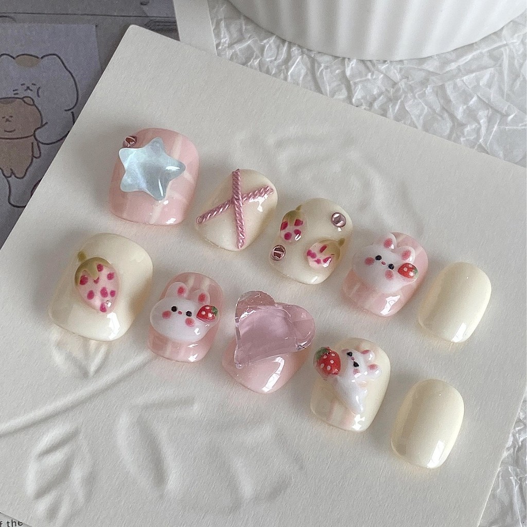 HANDMADE Short Round Shape Fake Nails Set With Glue Cute White Rabbit ...