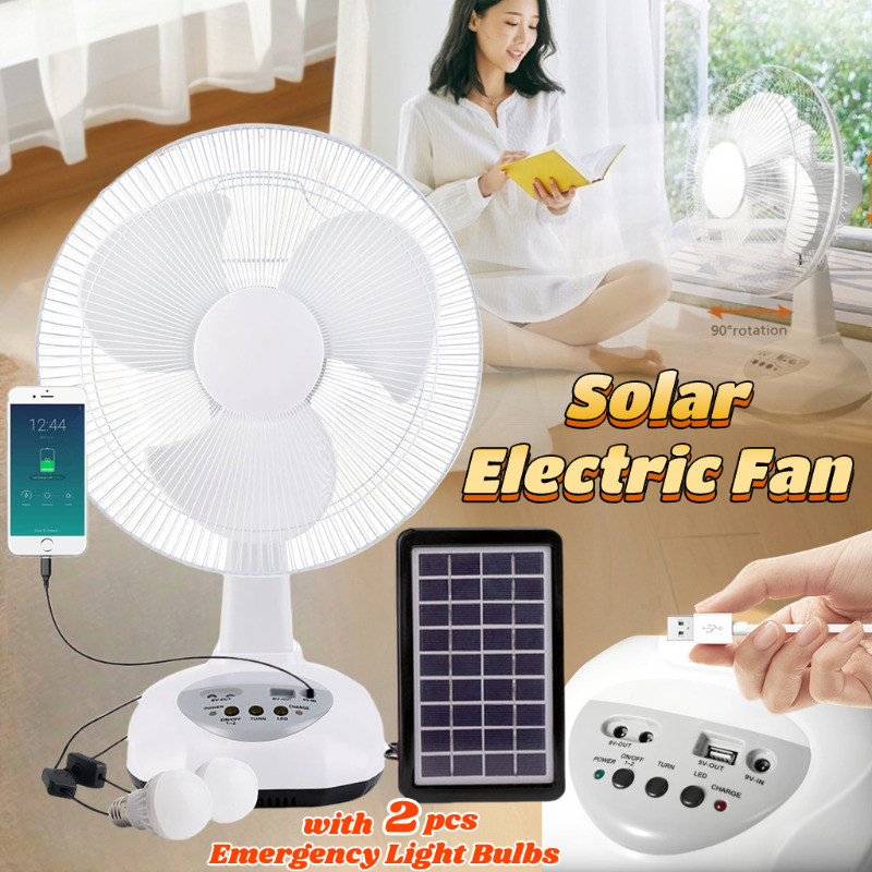 Solar Electric Fan with Emergency Light Bulbs Rechargeable Heavy Duty ...