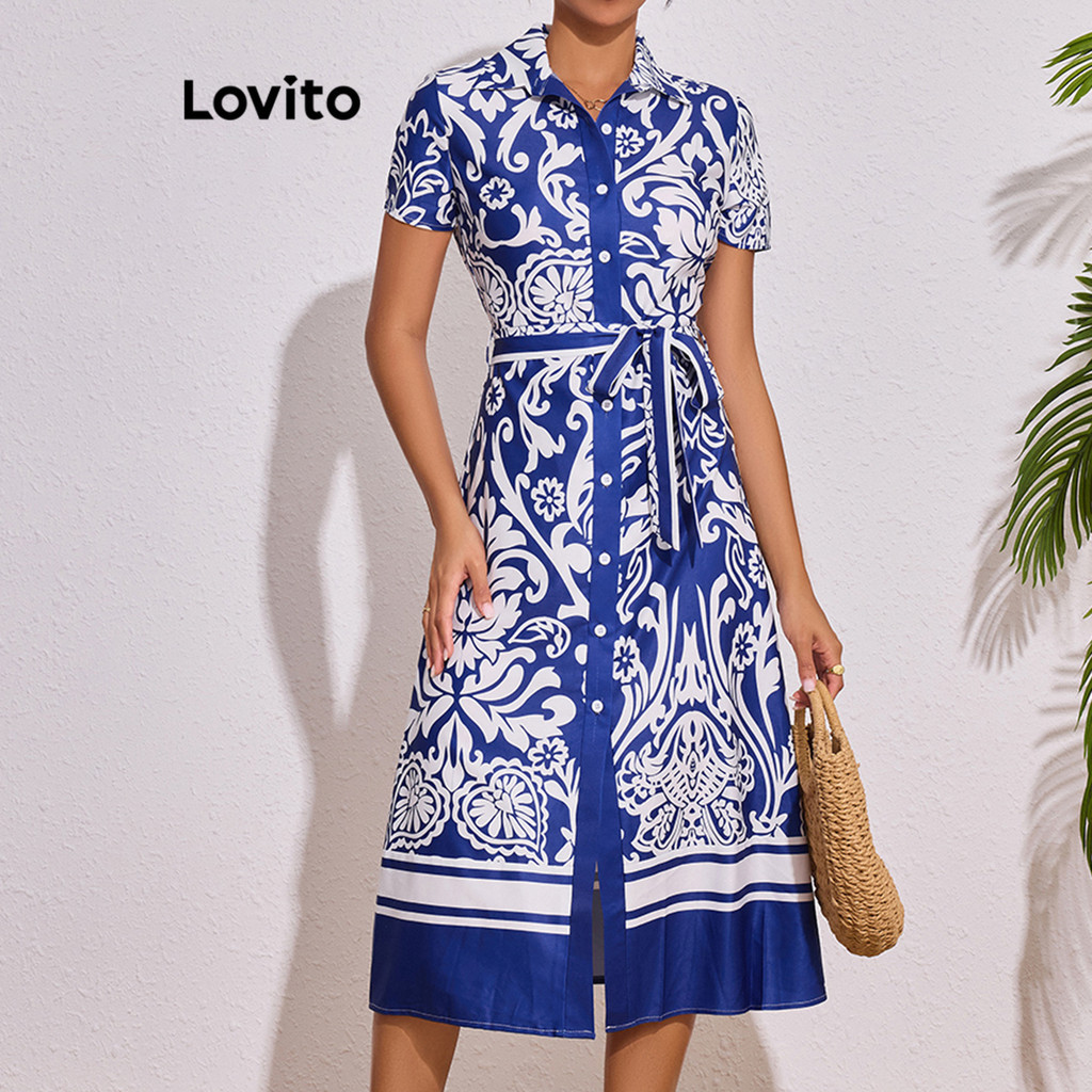 Lovito Women Elegant Tribal Print Belted Dress Lbl16752 