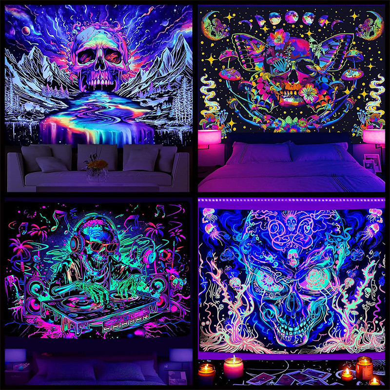 Blacklight Tapestry UV Reactive Flowers Black Light Tapestry Neon Glow ...