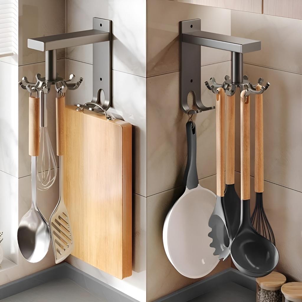 Kitchen Rotating Punch-free Aluminum Wall-mounted 10 Hooks Pot Shovel ...