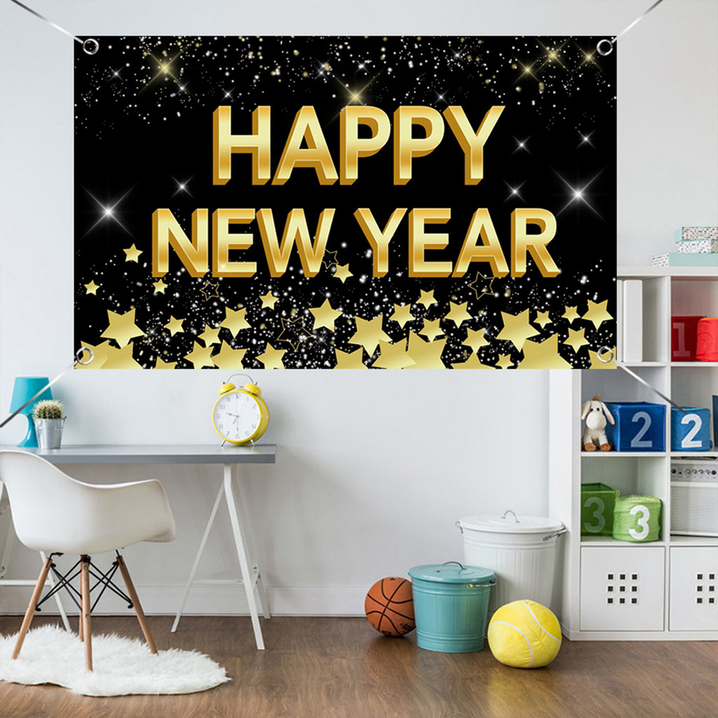 180*110CM Happy New Year 2025 Banner Backdrop Golden New Year Eve Large