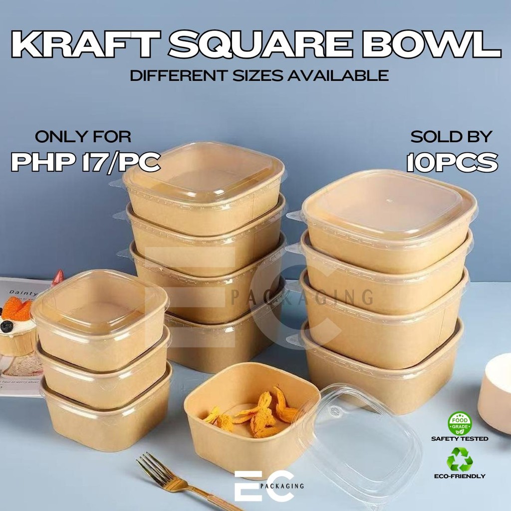 EC 10PCS Large Square Kraft Paper Bowls Heavy-Duty Disposable Food ...