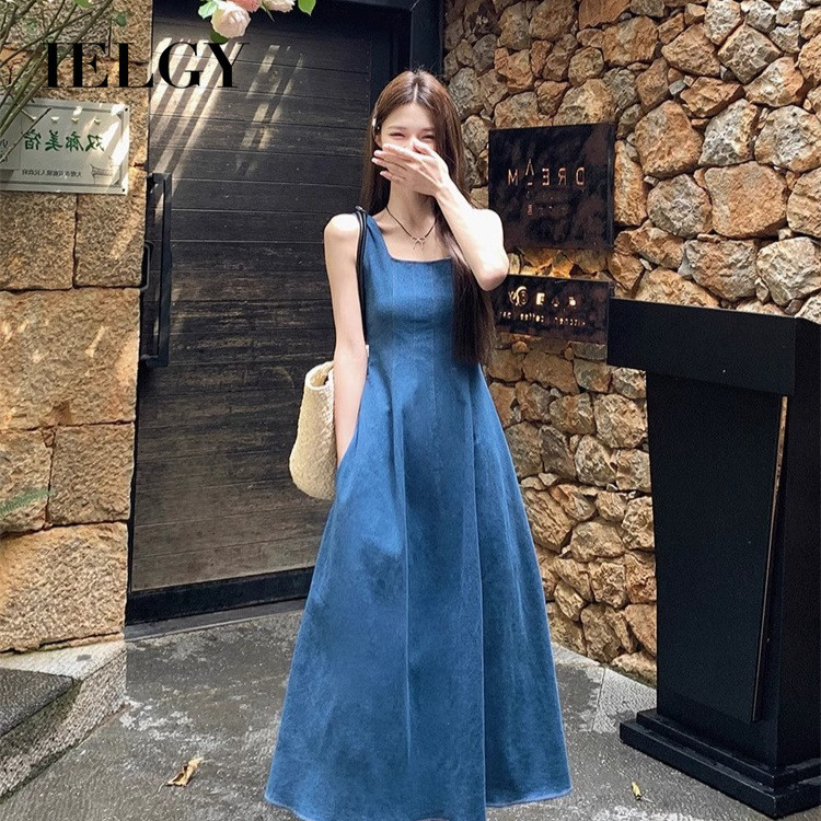 IELGY Blue denim dress, women's waist cinching temperament, suspender long  dress | Shopee Philippines