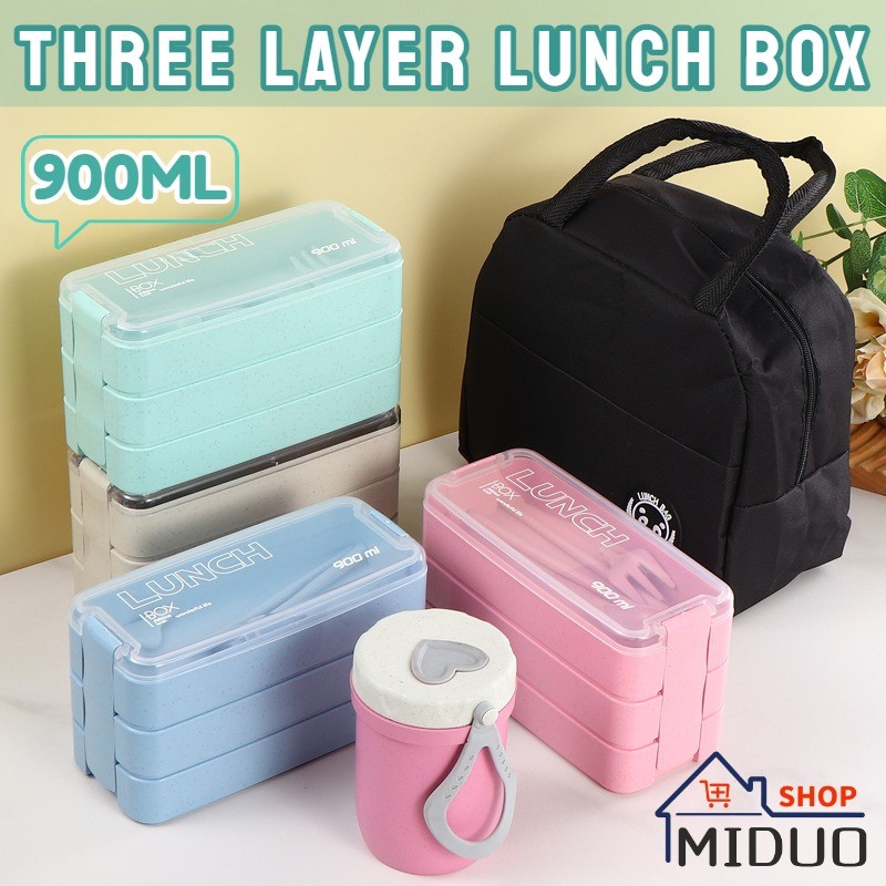 Lunch Box 3-Layer Bento Food Container 900ml with Spoon Fork Portable Student Use - Pink