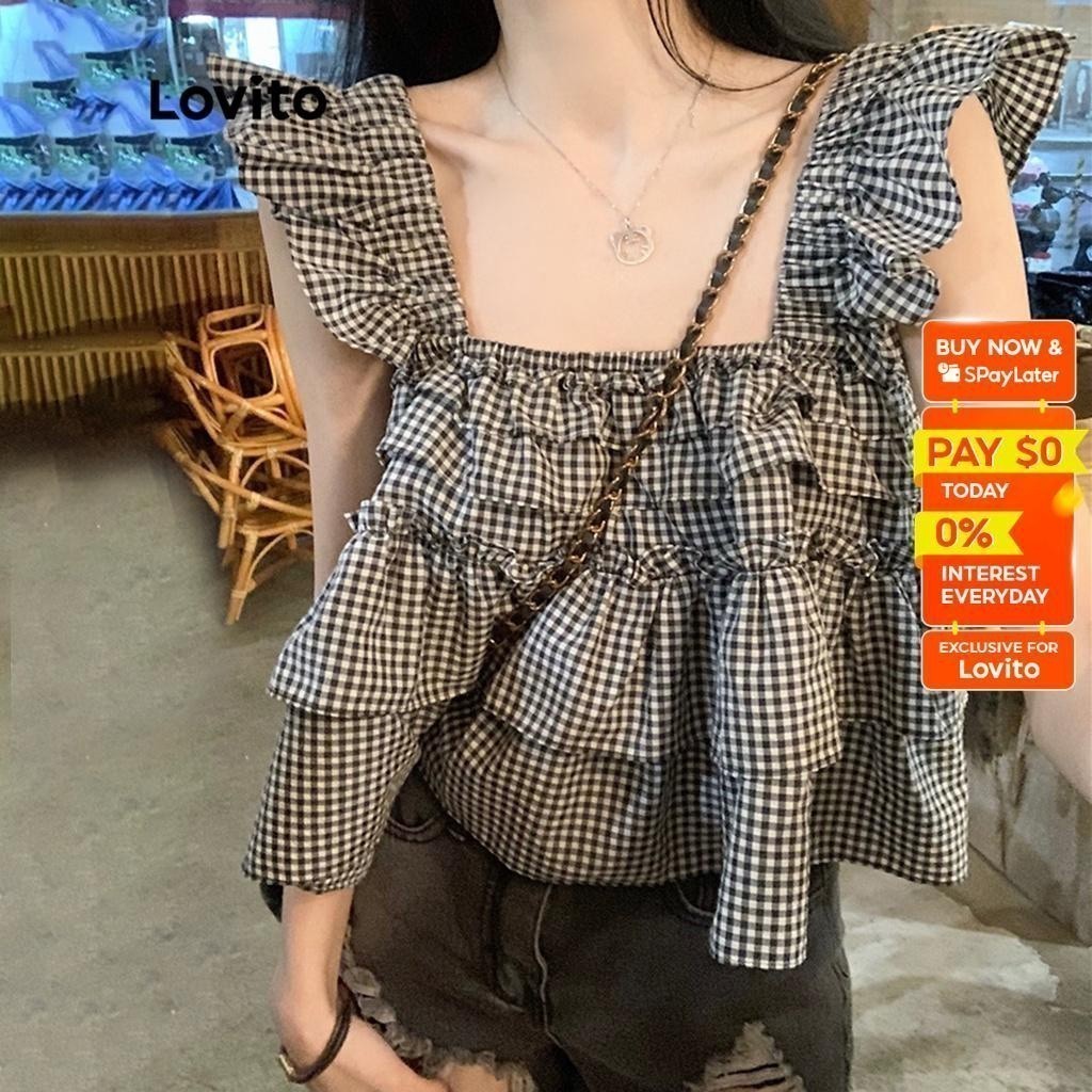Lovito Casual Plain Ruffle Square Collar Sleeveless Tops for Women ...